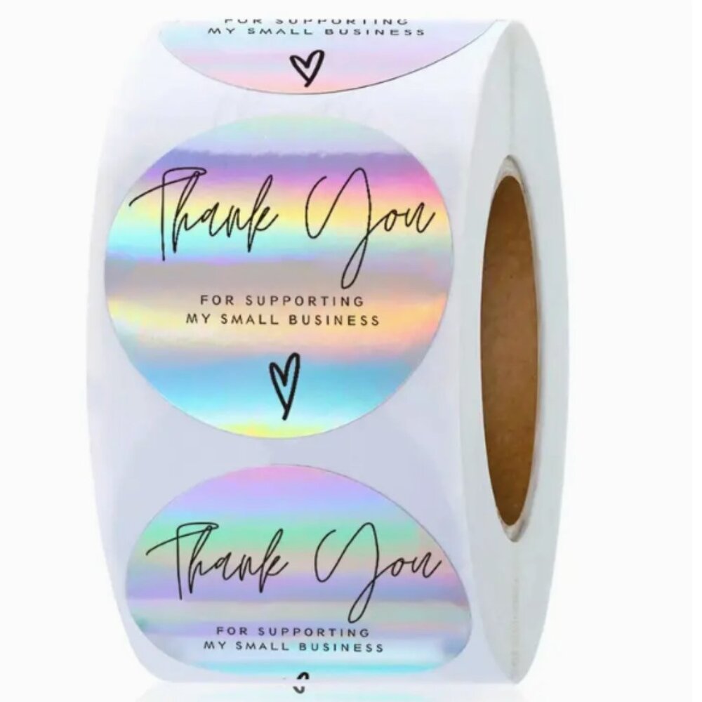 NEW HOLOGRAPHIC THANK YOU FOR SUPPORTING MY SMALL BUSINESS STICKERS 2 ROLLS 1000